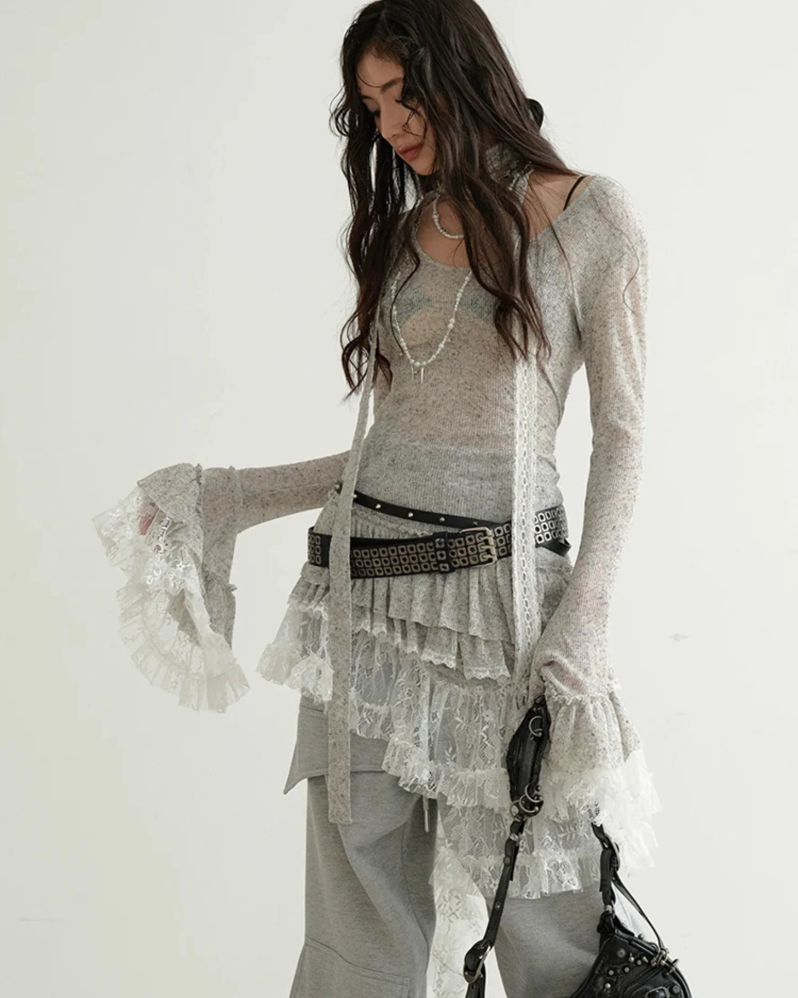 ALLIN Irregular Lace Ruffle Knit Top - Image 3