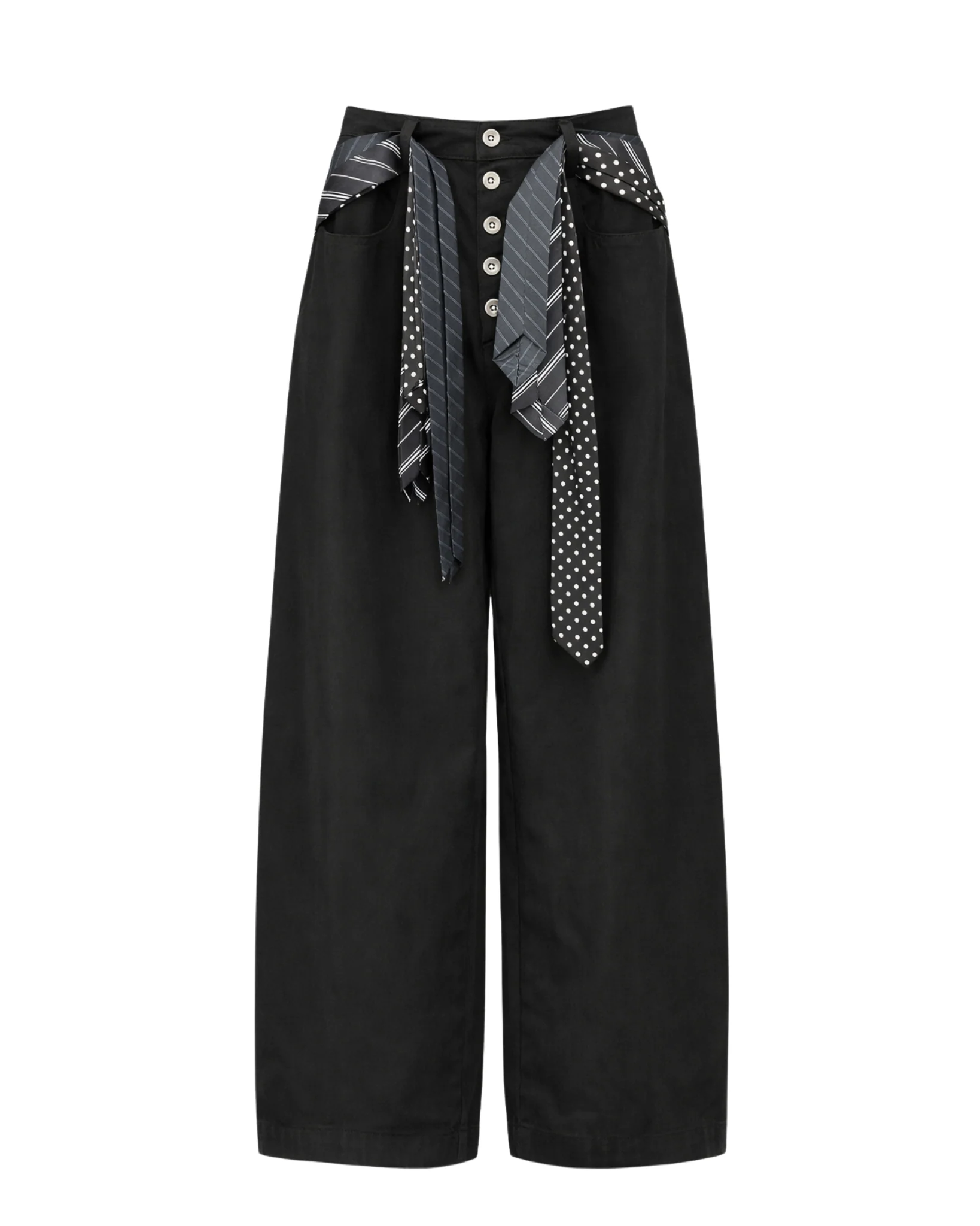 MO Oversized Wide-Leg Pants with Contrast Tie Belt - Image 3