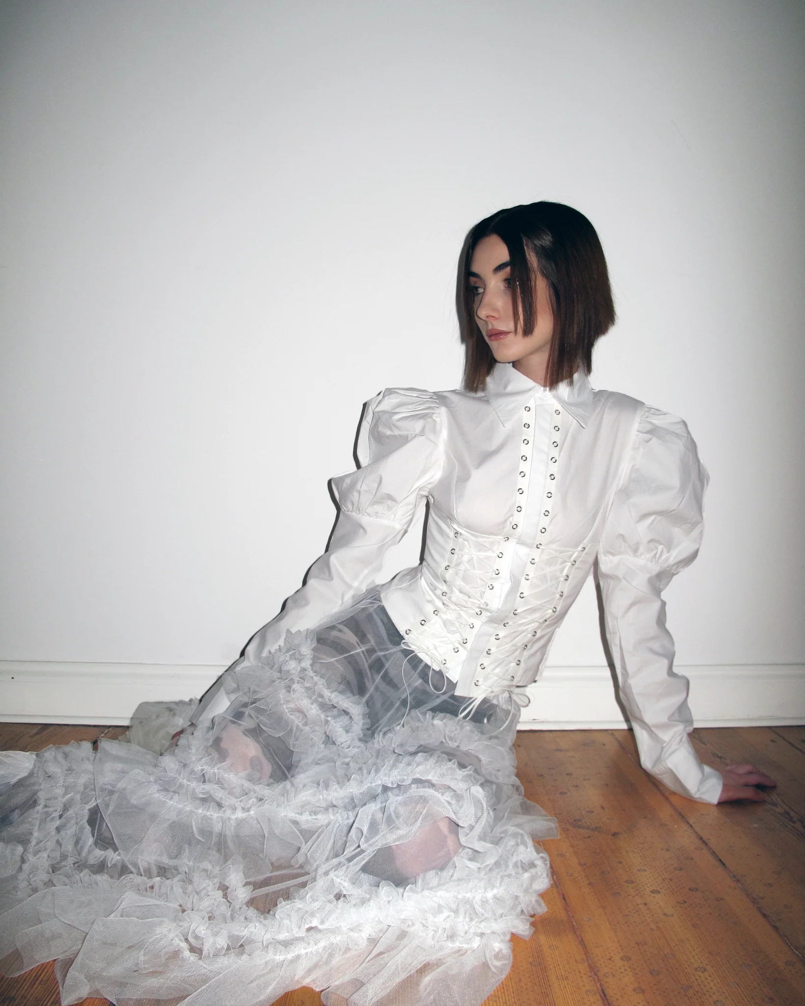 MORE Gothic Lace-Up Puff Sleeve Shirt – White - Image 6