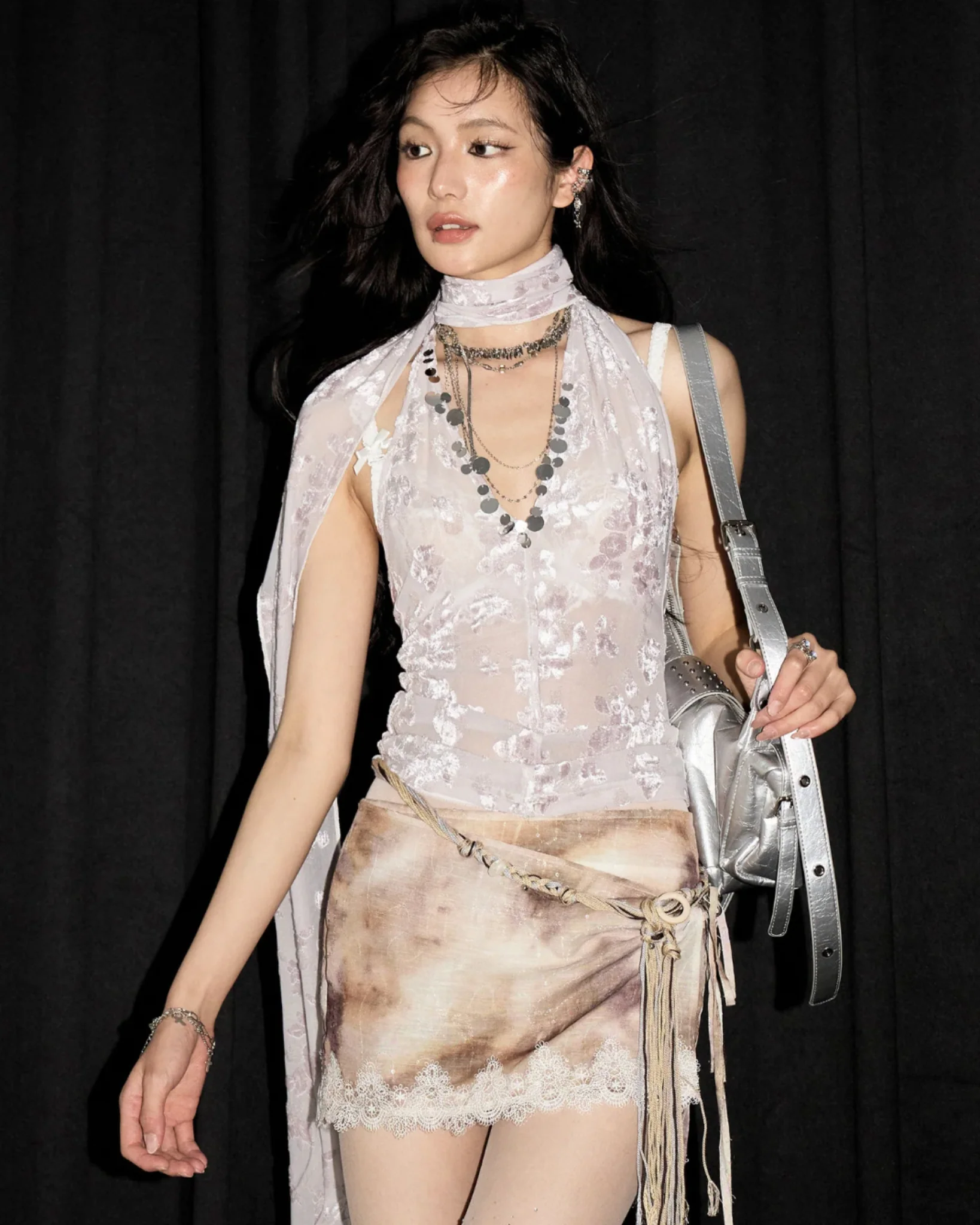 VIOLET Sheer Floral Top with Scarf Detail - Image 4